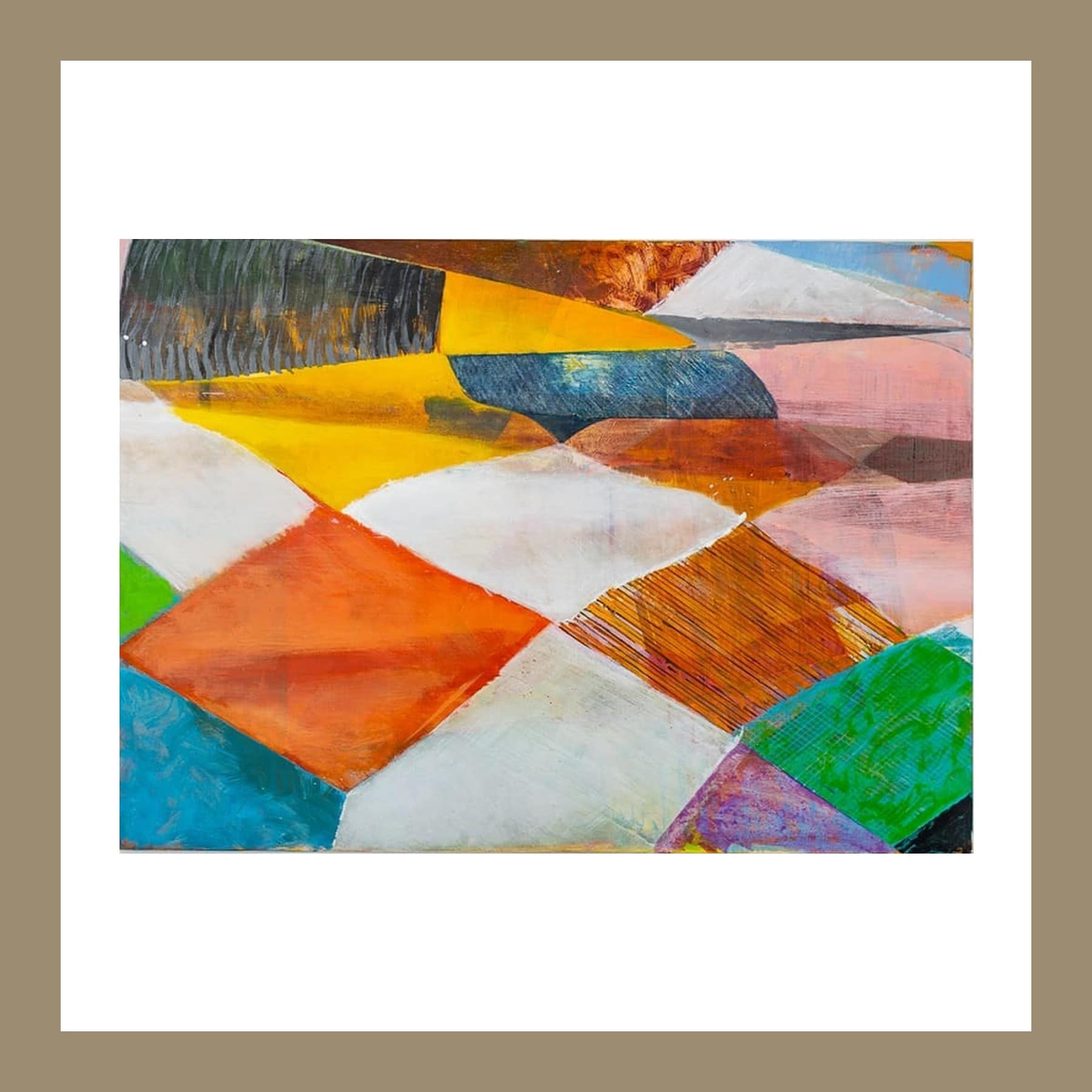 Large painting of patchwork diamond shapes in orange, yellow, blue, green and pink, on a white gallery wall