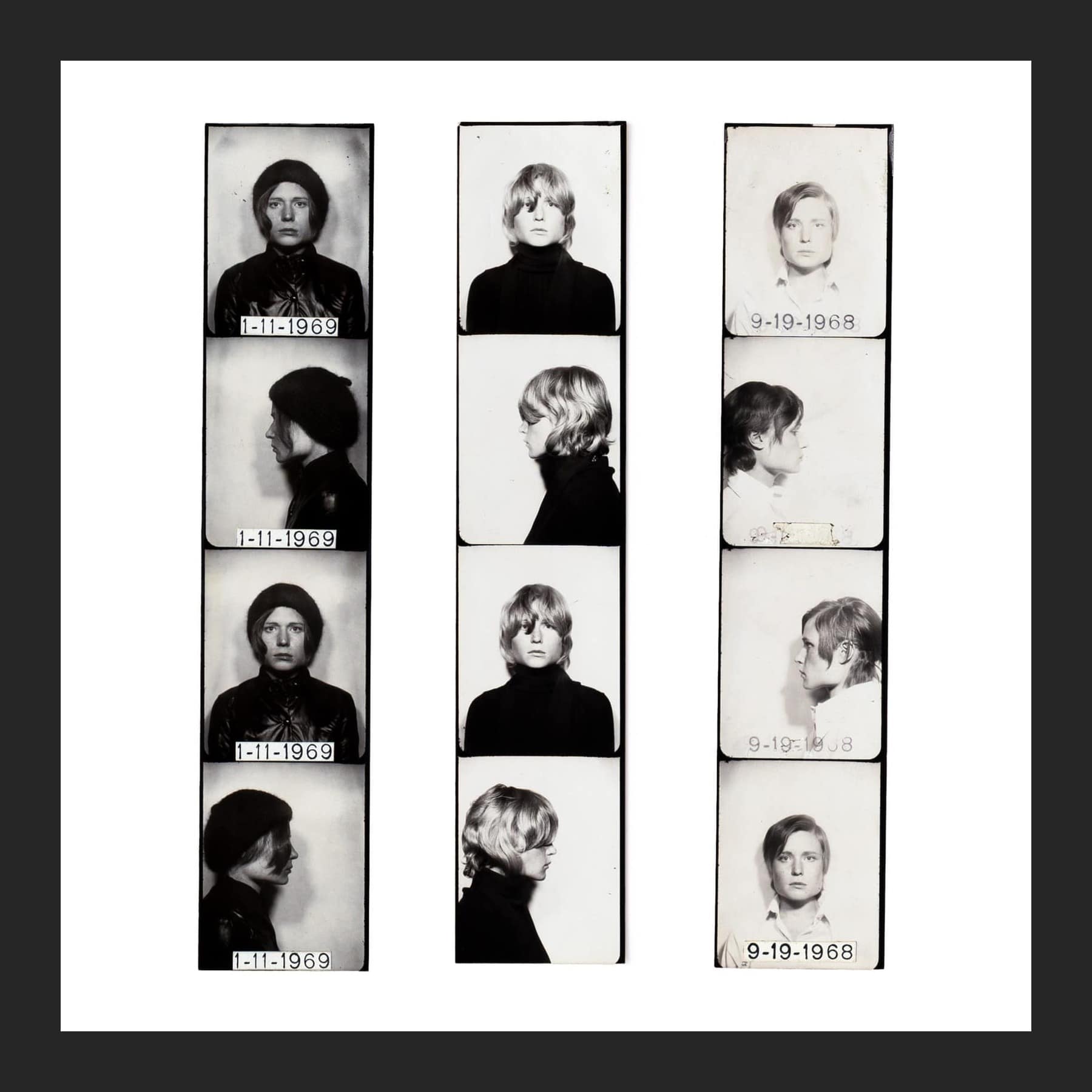 Three black-and-white photo-booth strips of a young woman in front and profile views