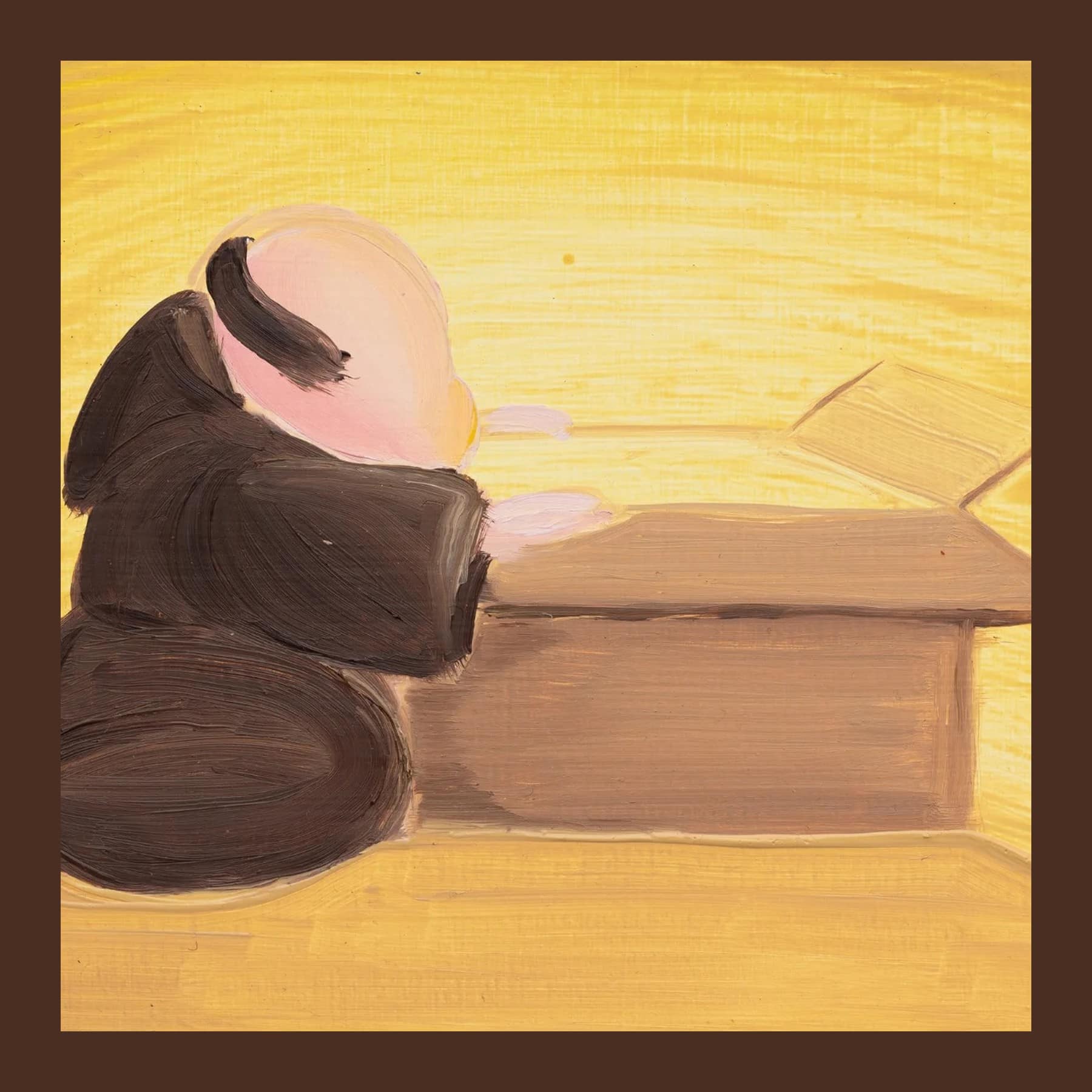 Detail of Ellie Cotton's painting Light Box: a figure in a brown monk's habit leaning into an open cardboard box on a glowing yellow ground