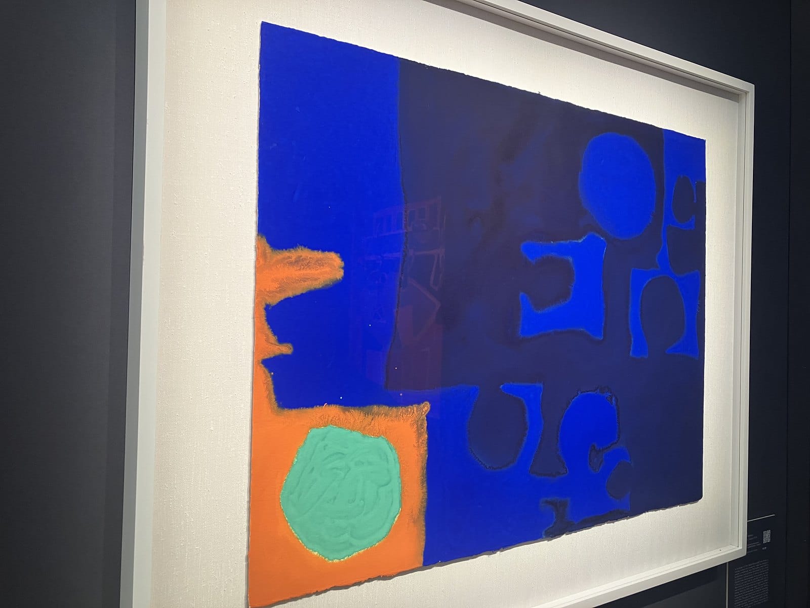 Patrick Heron gouache in deep blues with an orange block and a green circle, in a white frame