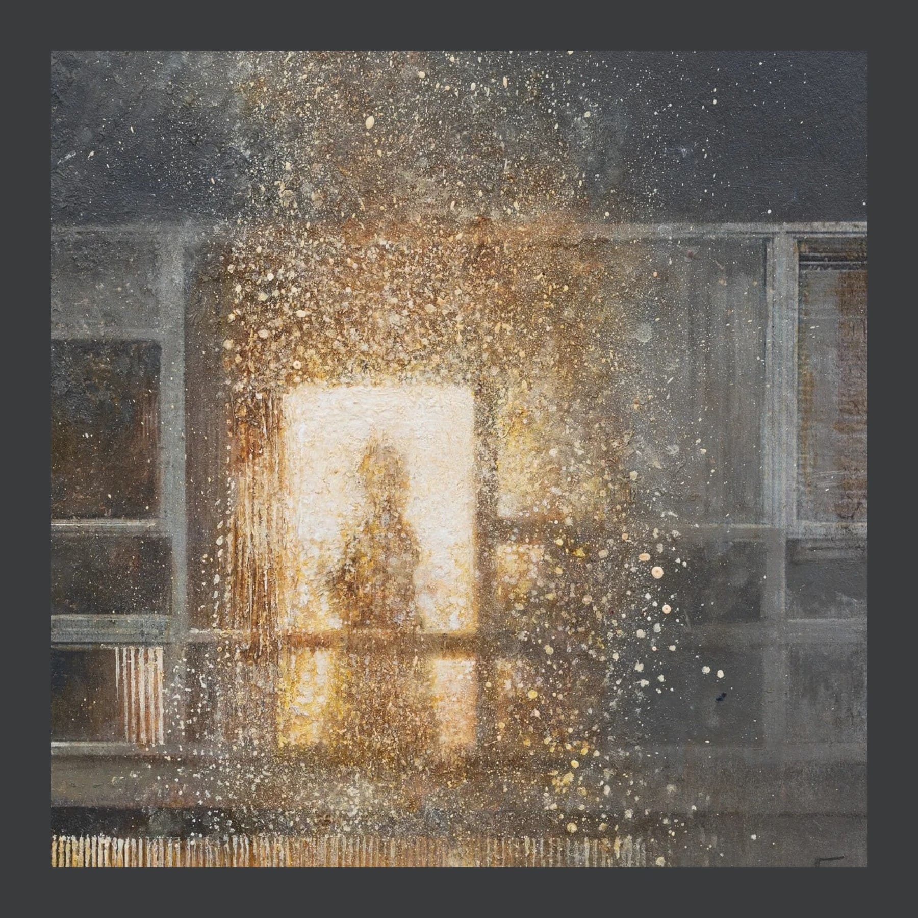 Detail of Fletcher Sibthorp's painting Sun Falling: a silhouetted figure in a glowing window of a dark modernist building, with gold specks spraying across it