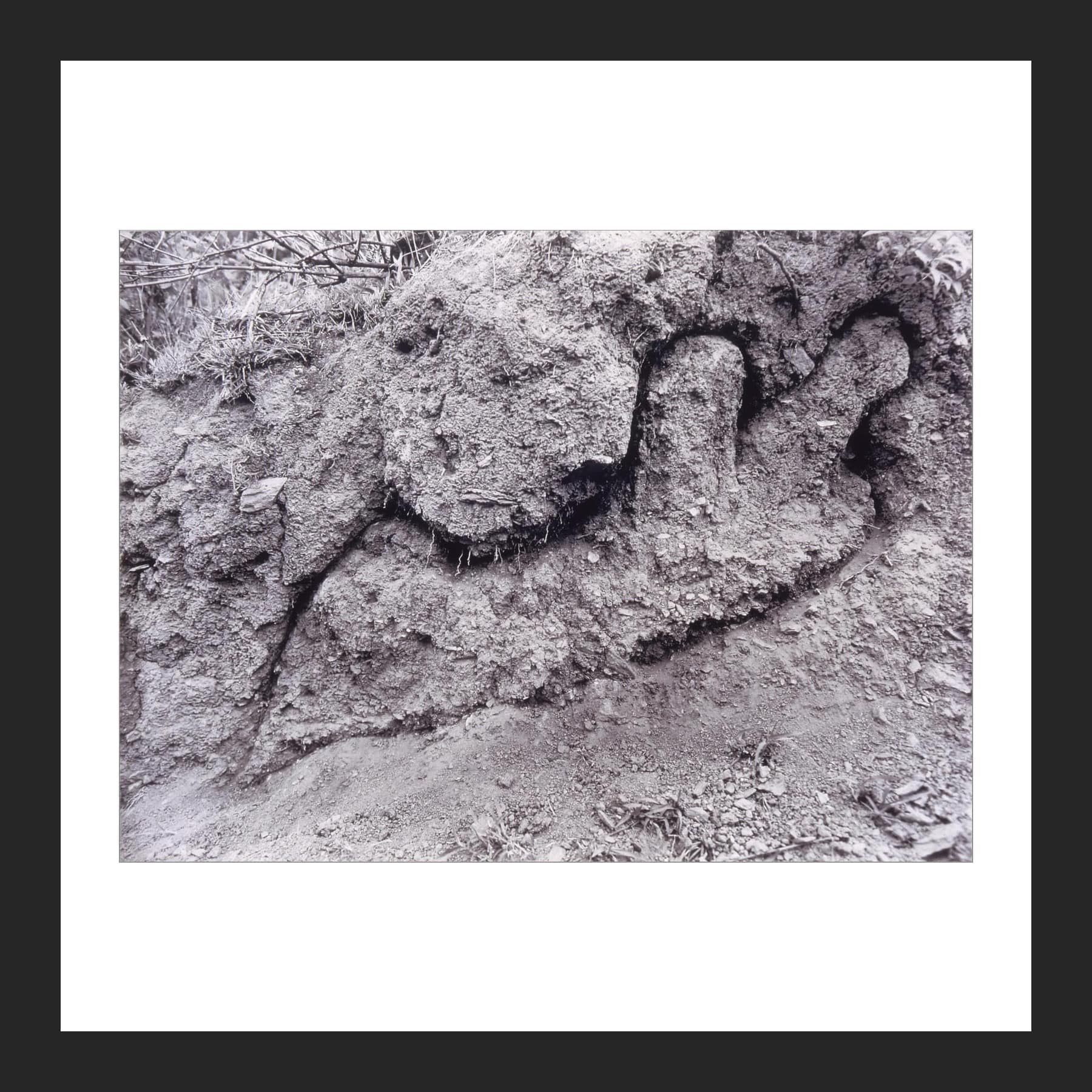 Black-and-white photograph of a human silhouette carved into a bank of earth