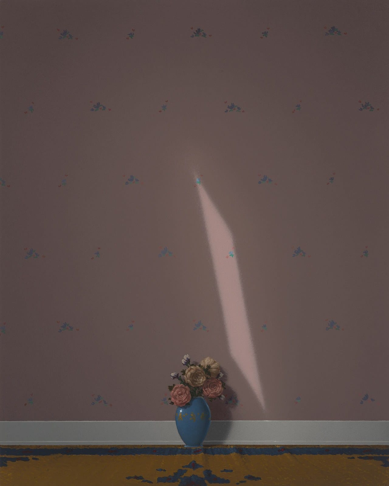 Mauve room with pale skirting: bouquet in a blue vase under a sunbeam. Painting by Quentin James McCaffrey.