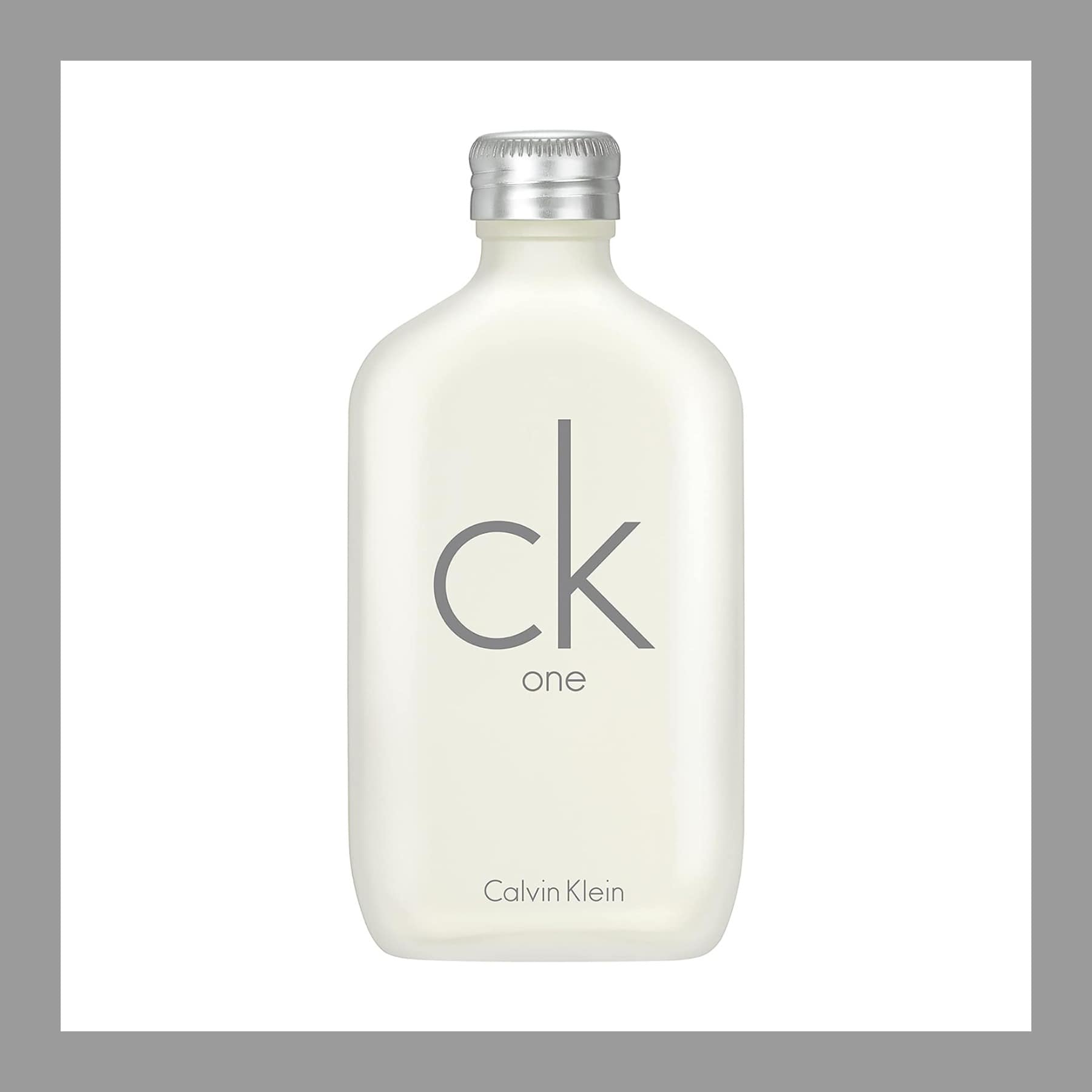 Bottle of Calvin Klein CK One eau de toilette, frosted glass with a silver cap and grey ck one lettering
