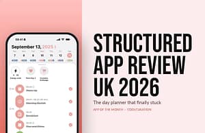 Structured app review lead image showing the Structured daily planner timeline on an iPhone