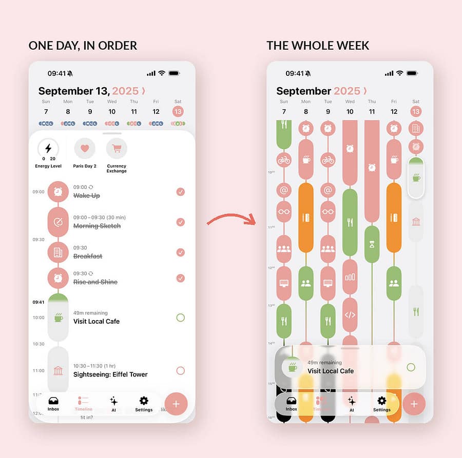 Structured app day timeline screen beside the week overview screen, both with colour-coded tasks