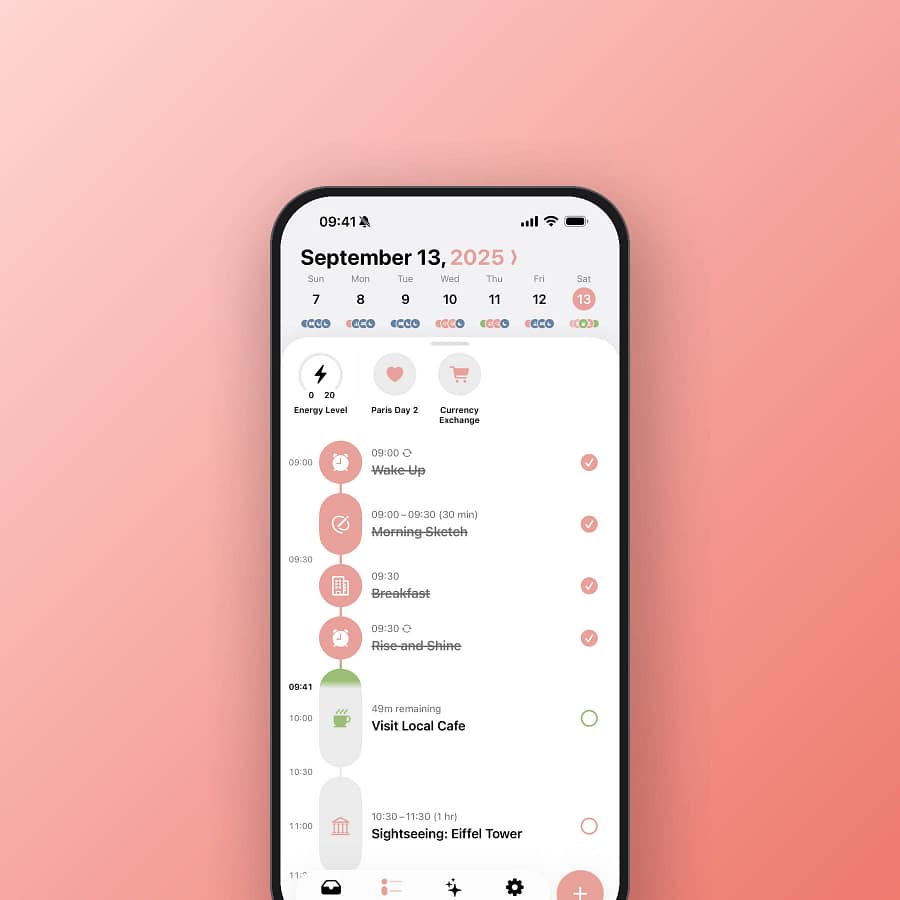 Structured daily planner app timeline view on an iPhone against a coral background