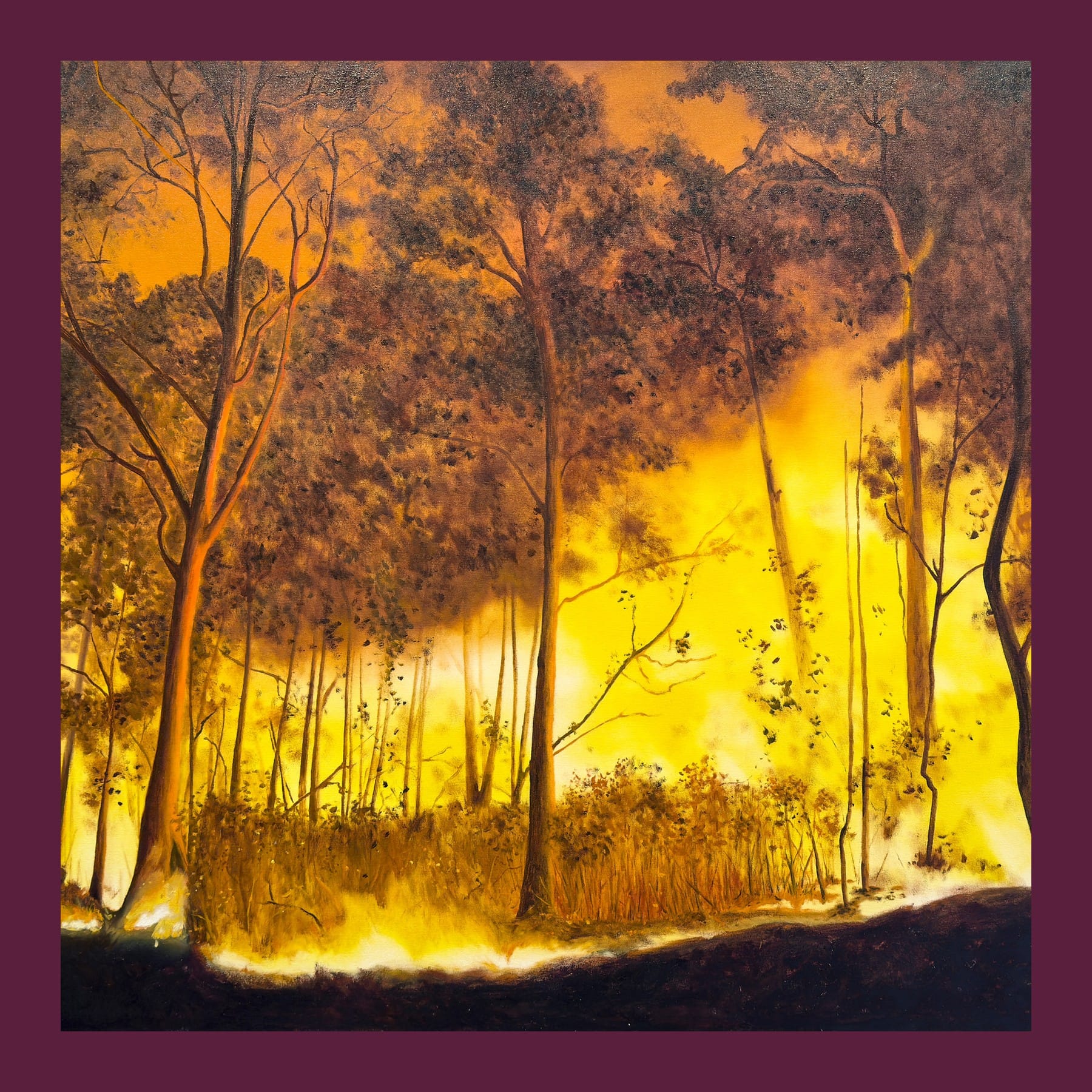 Andrew Maughan's painting Wildfire: a forest of thin trees lit orange and yellow by fire, with a dark band of ground below