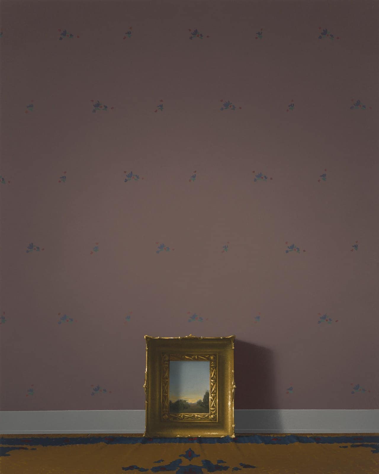 Mauve room with pale skirting: small landscape painting leaning on the skirting. Painting by Quentin James McCaffrey.