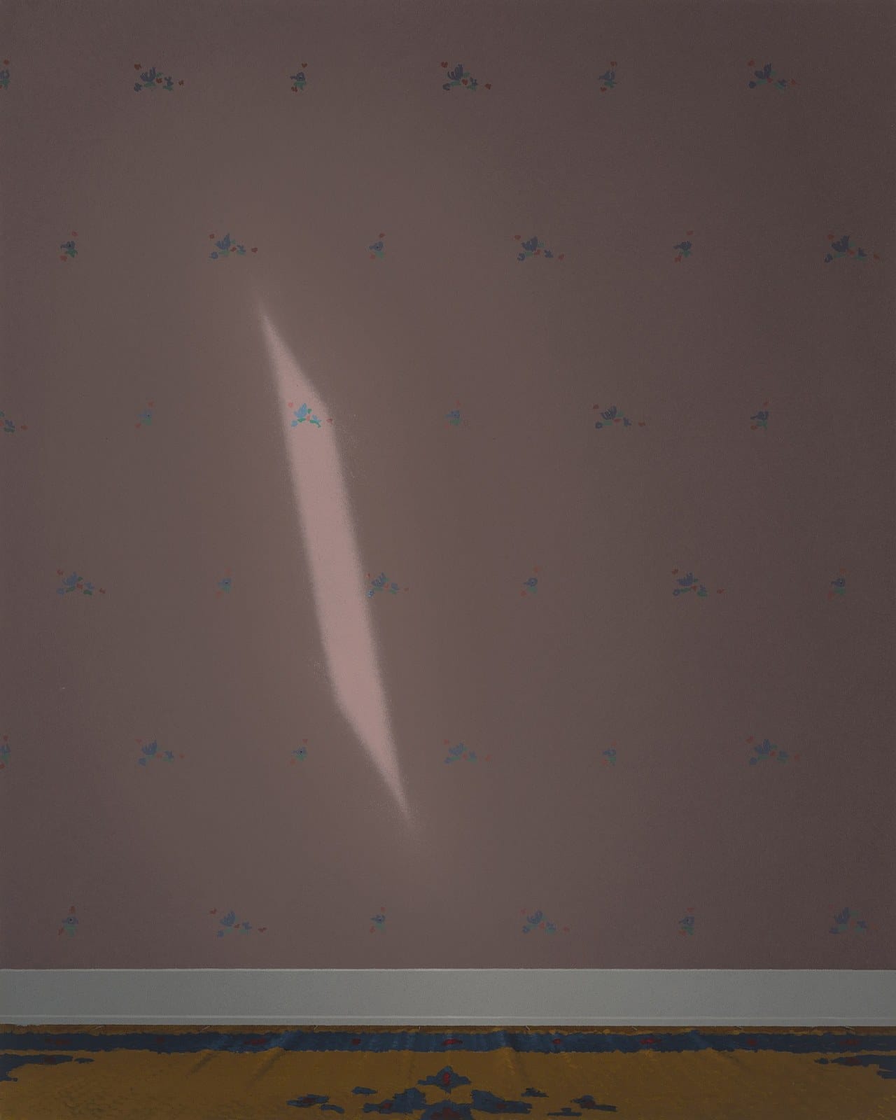 Mauve room with pale skirting: pink sunbeam on the wall. Painting by Quentin James McCaffrey.