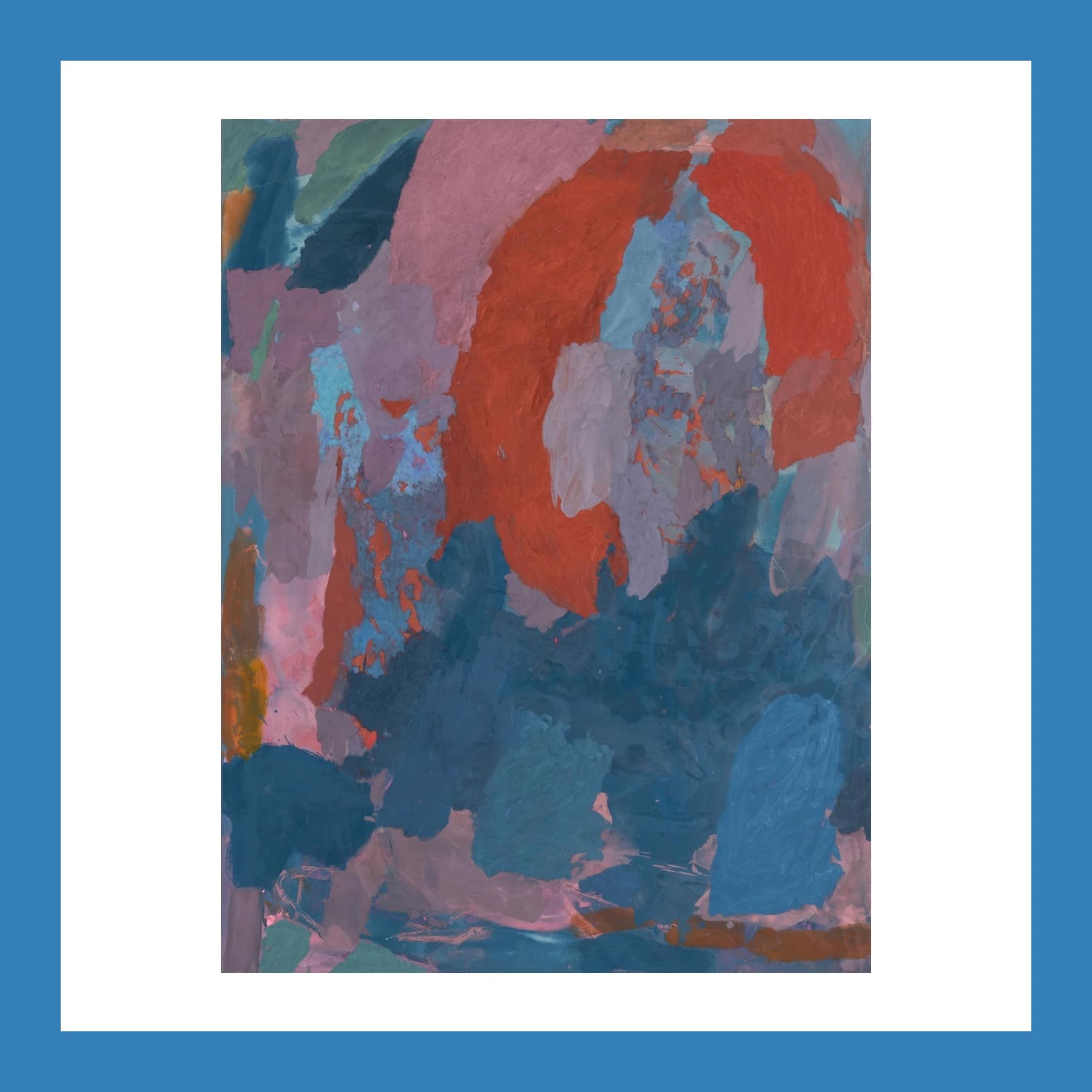 Abstract painting of overlapping patches of blue, pink and lilac beneath a broad red-orange arc