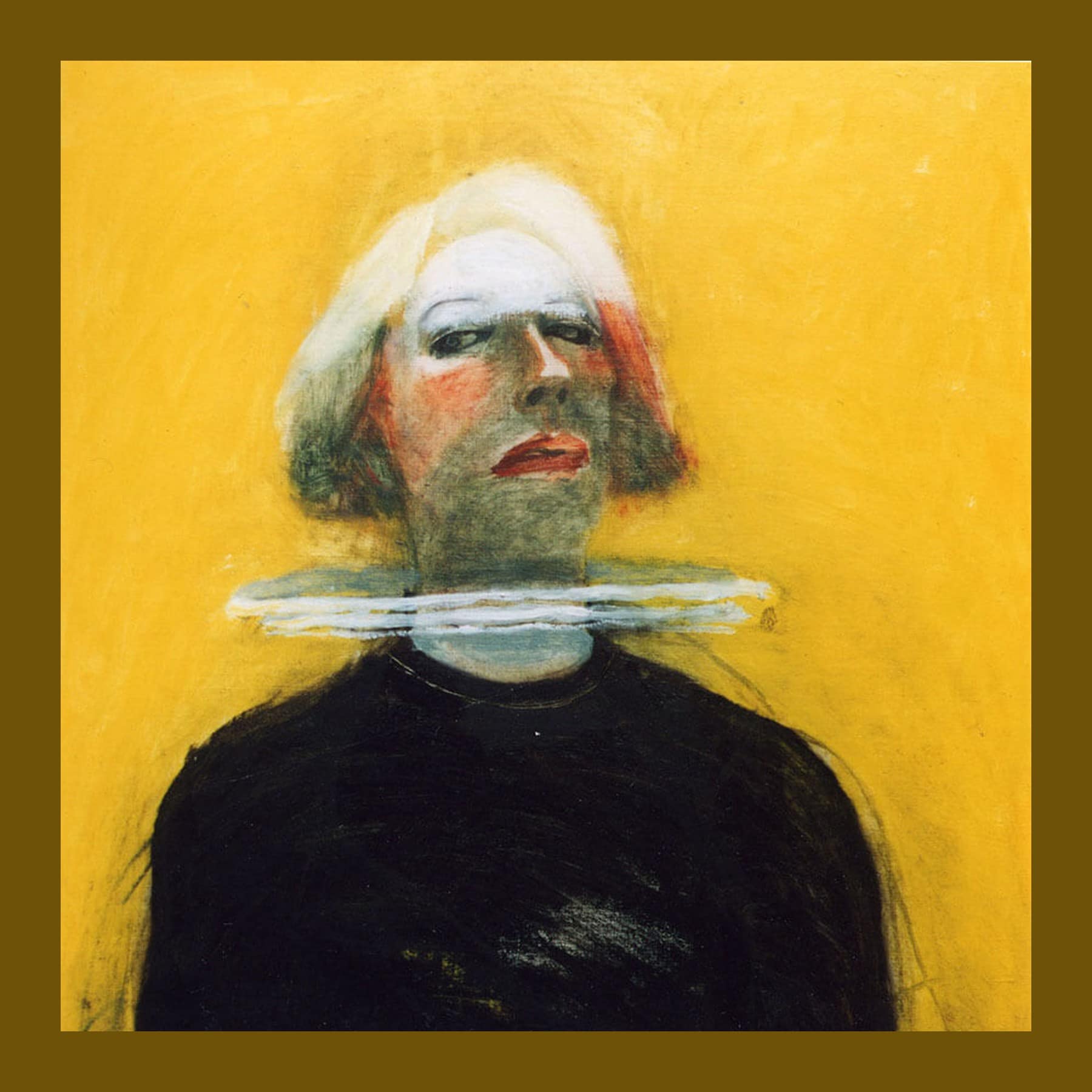Marcelle Hanselaar self-portrait in oil: a woman with a pale blonde bob and red lips in a black jumper, against a bright yellow ground