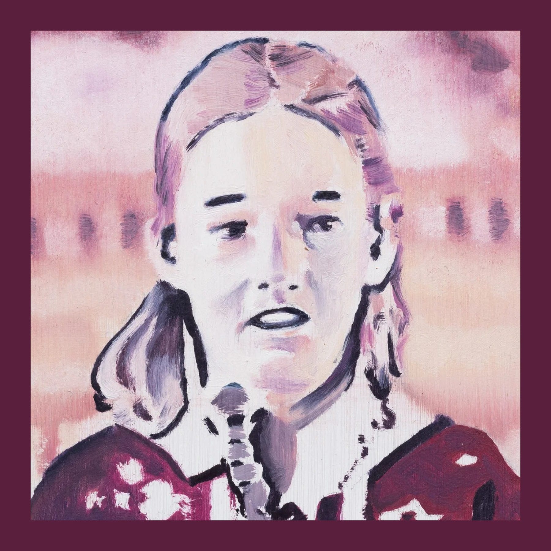 Andrew Maughan's painting of Rachel Corrie as a child, speaking into a microphone, in pinks and deep plum