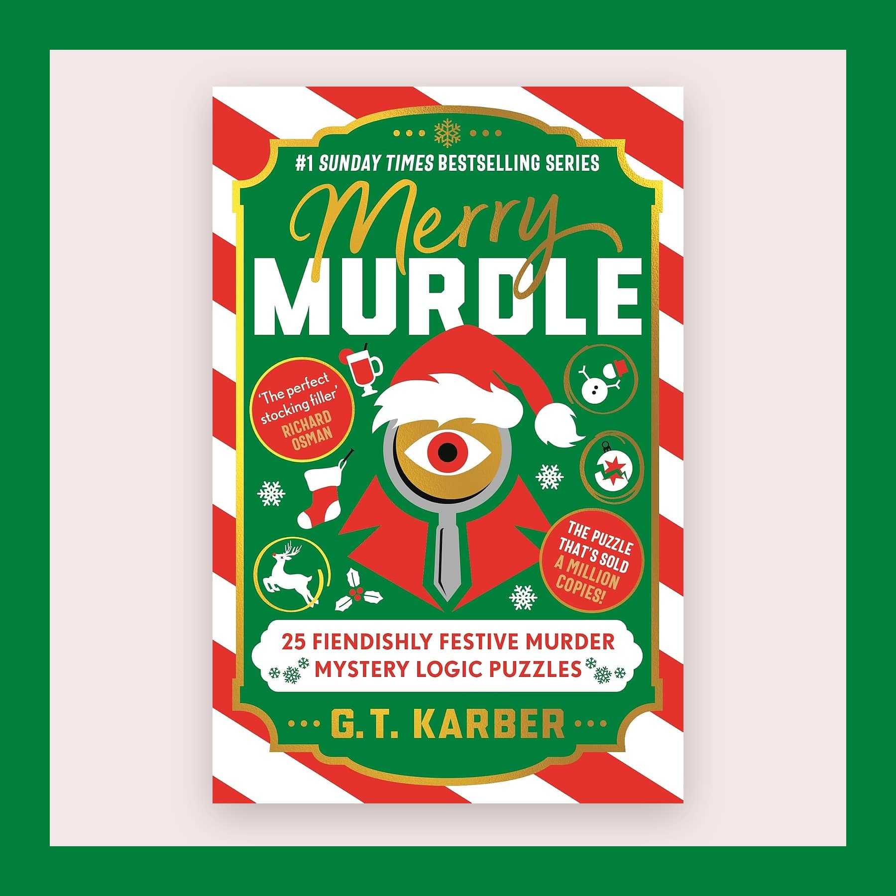 Red, green and white cover of Merry Murdle with a magnifying glass, in a green frame