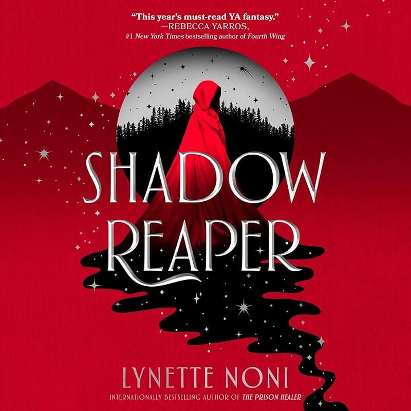 Shadow Reaper by Lynette Noni audiobook cover, a hooded figure in red beneath a moon and pine trees.