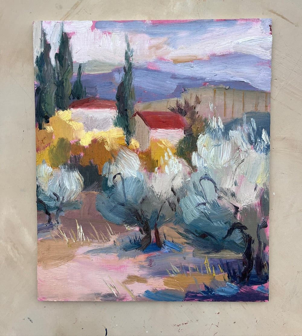 Oil study of an olive grove with cypress trees and red-roof houses under a pastel sky, painted with bold brushwork.
