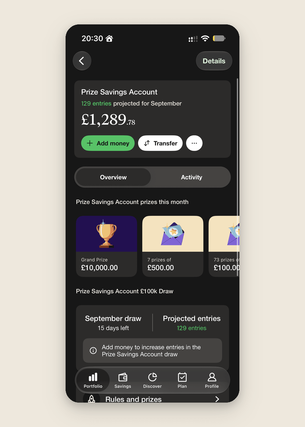 Chip app Prize Savings Account screen showing projected entries and the September 2026 prizes