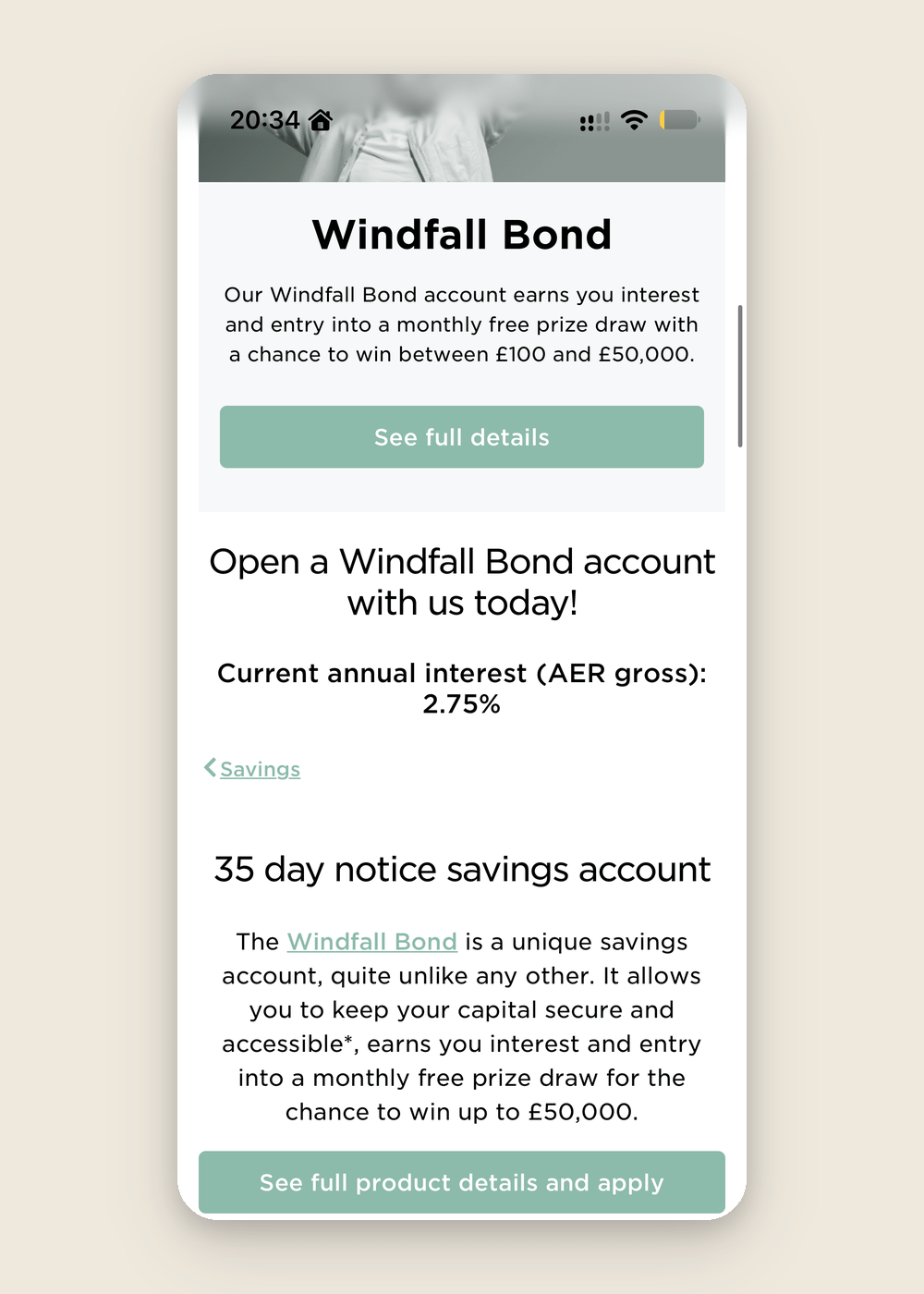 Family Building Society Windfall Bond web page showing 2.75% AER gross and a 35 day notice savings account