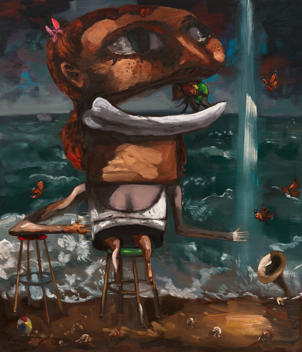 Dana Schutz painting of a huge-headed figure on a bar stool by a stormy sea, with butterflies and a gramophone