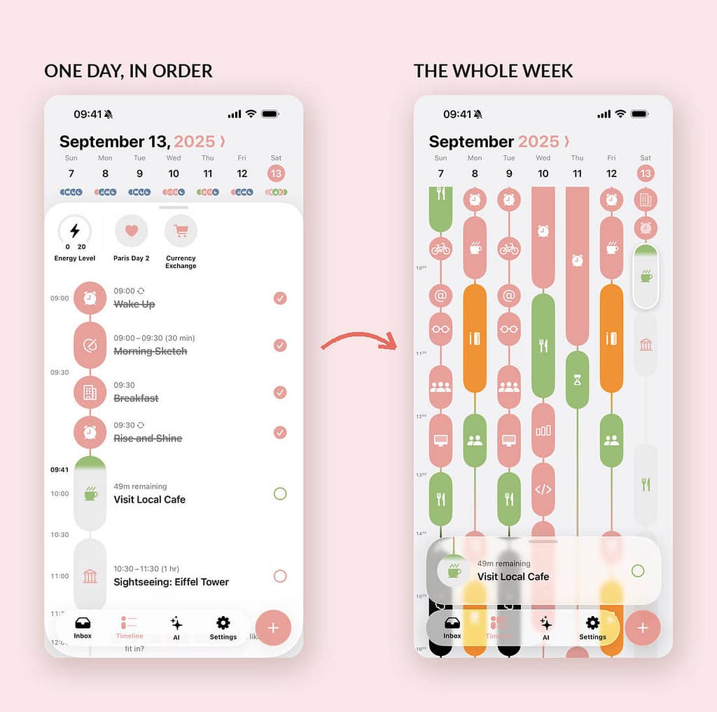 Structured app day timeline screen beside the week overview screen, both with colour-coded tasks