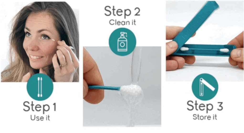 A lady cleaning her make-up using a LastSwab reusable Qtip, a hand washing the Qtip under a tap, it being stored in its carry case.