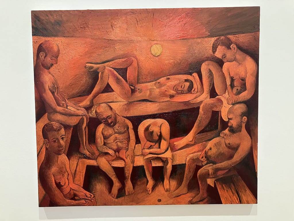 Louis Fratino painting of seven nude men resting on wooden benches in an orange-lit sauna