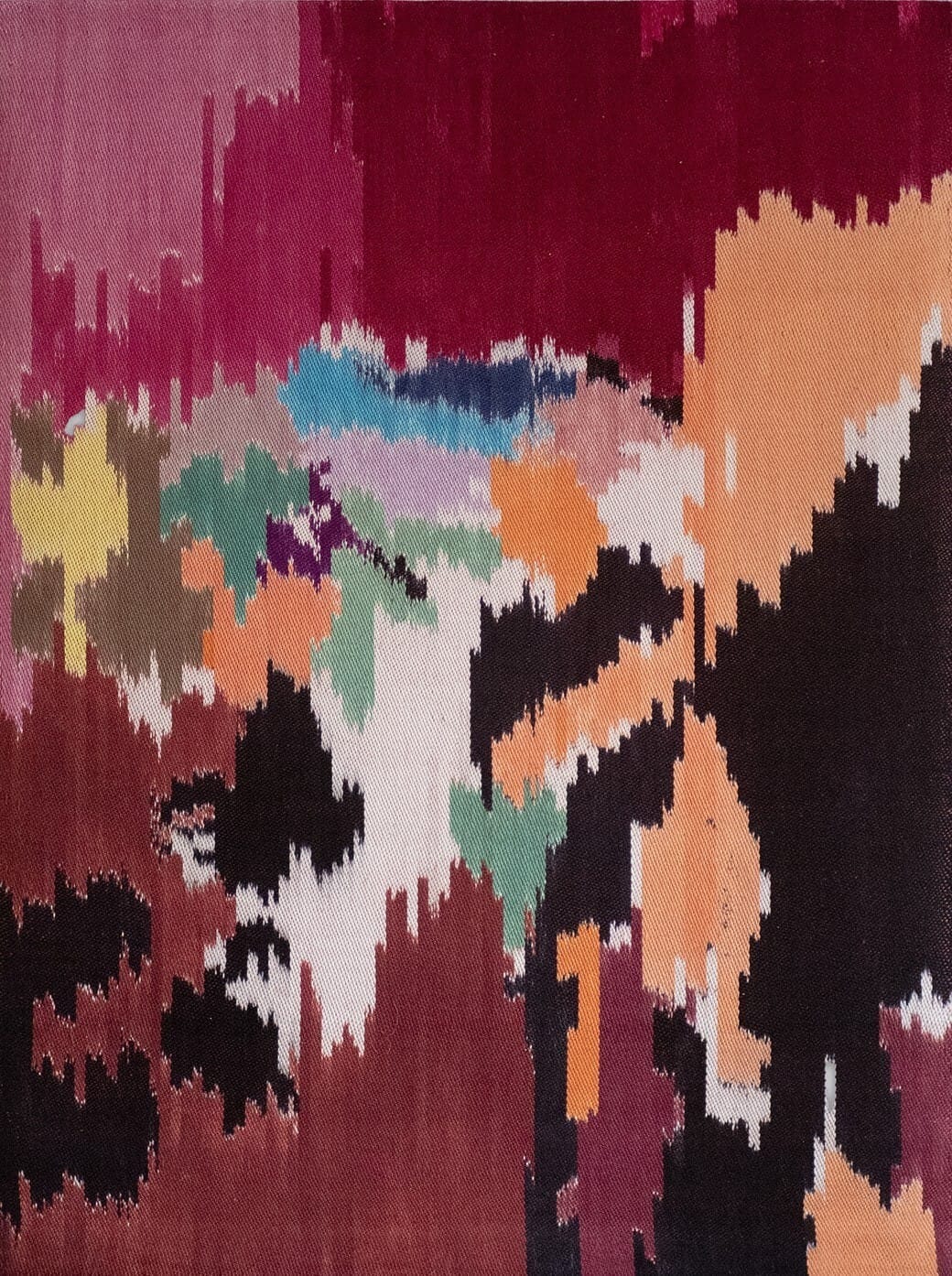 Katja Beckman Ojala tapestry Everything He Said Was a Revelation, stepped blocks of plum, peach, black and pale blue