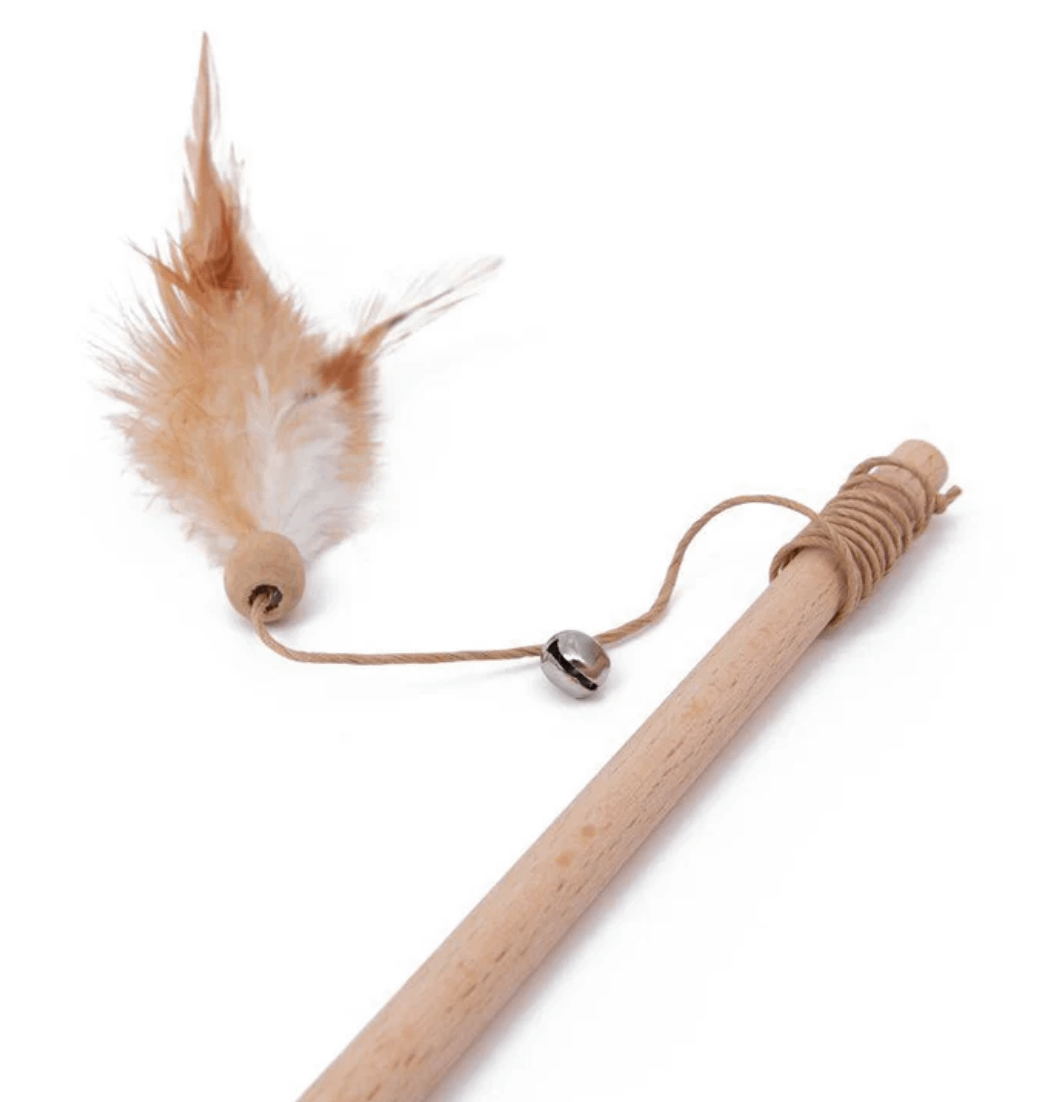 Natural wooden cat feather wand toy with bell and feathers from Pets Villa