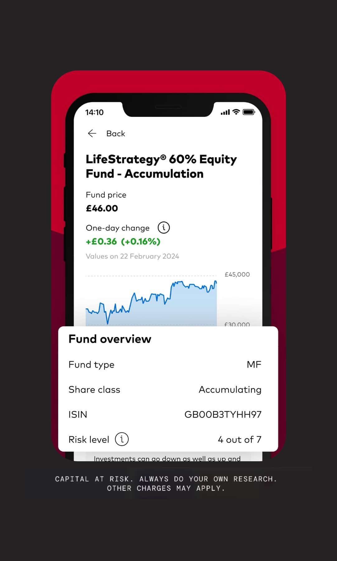 Vanguard Investor app screenshot on a dark background, shown in our best investment ISA guide