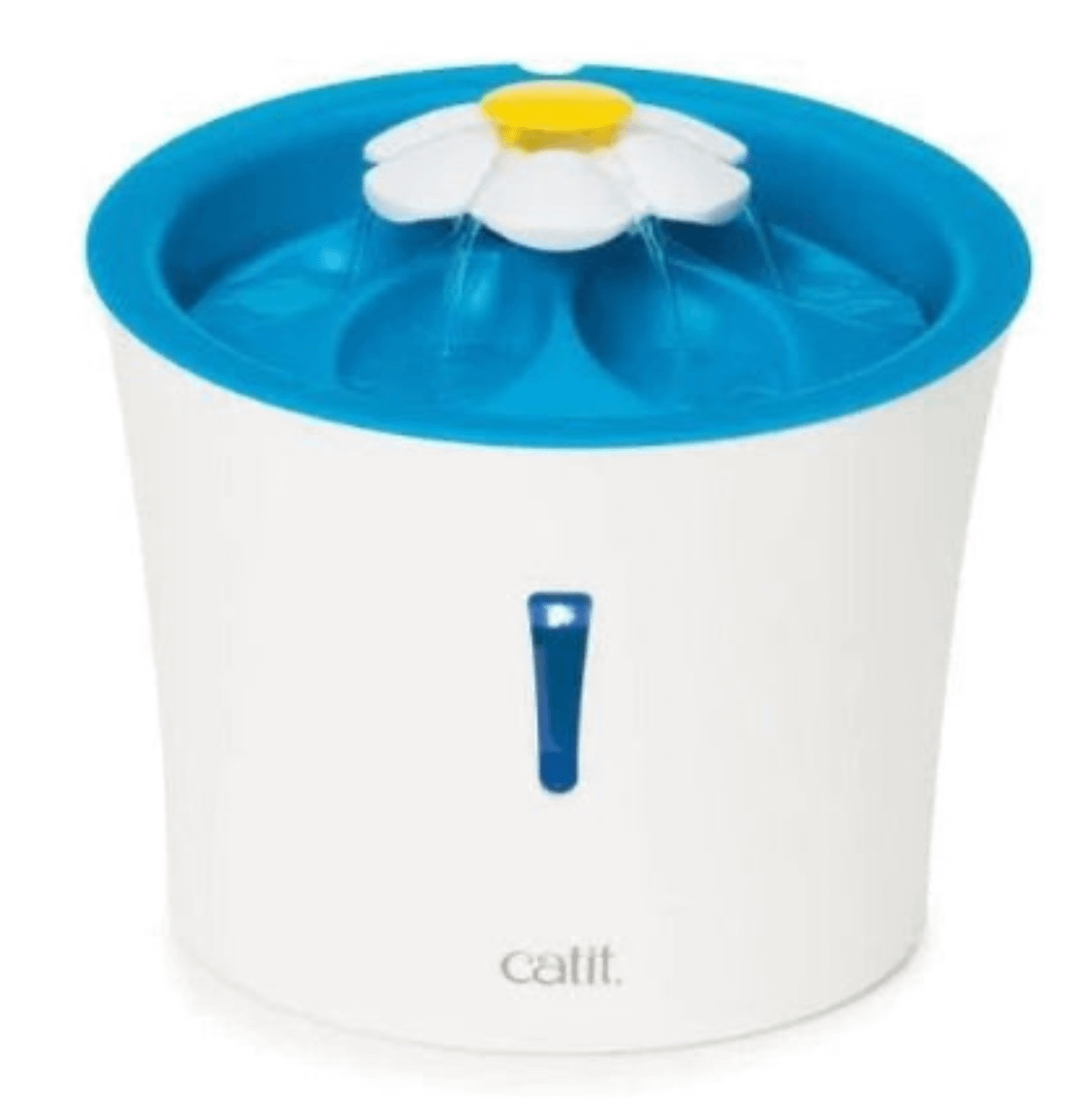 White and blue automatic cat water dispenser with daisy flower spout from Pets Villa