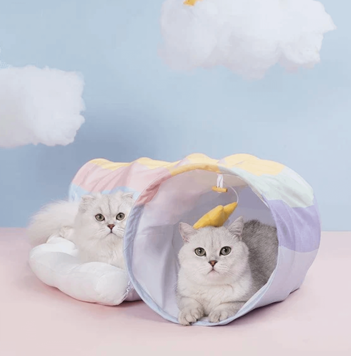 Two cats relaxing inside a pastel rainbow foldable cat cave bed with a tunnel-style design
