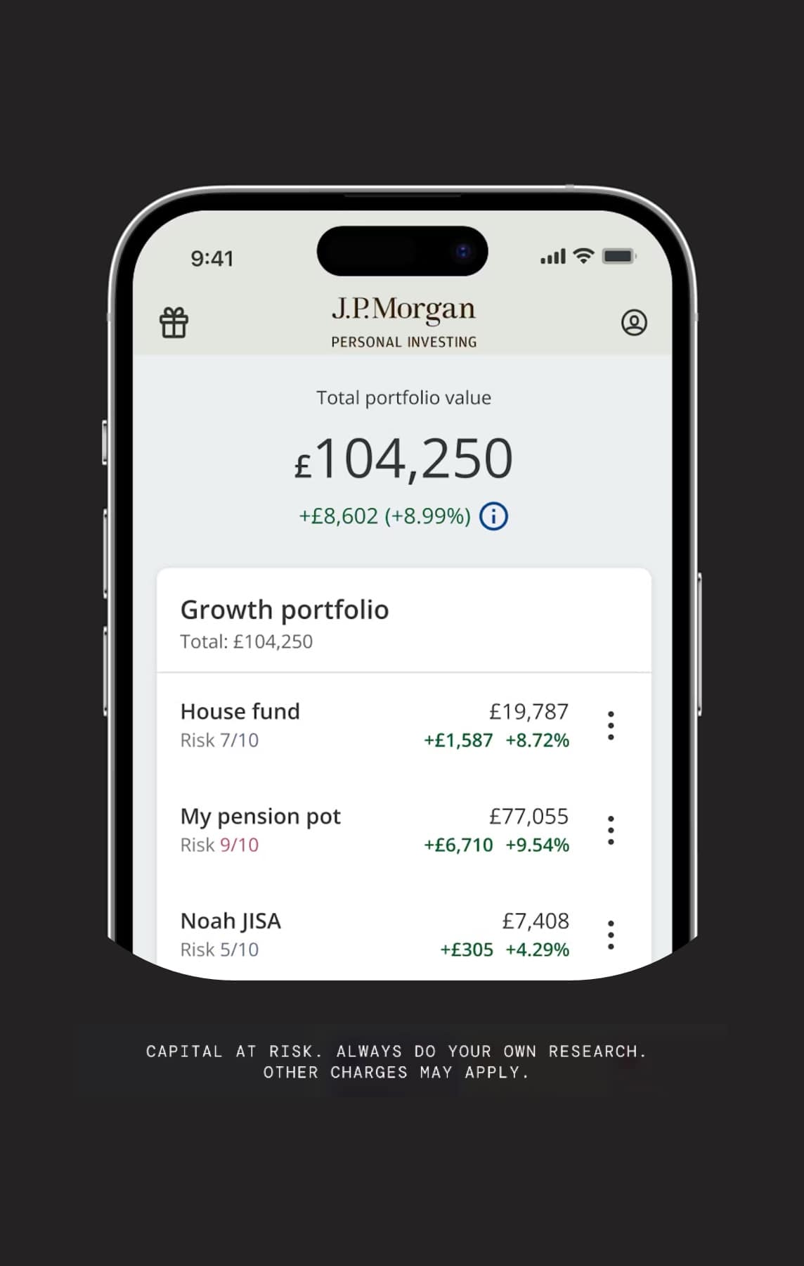 J.P. Morgan Personal Investing app screenshot on a dark background, shown in our best investment ISA guide
