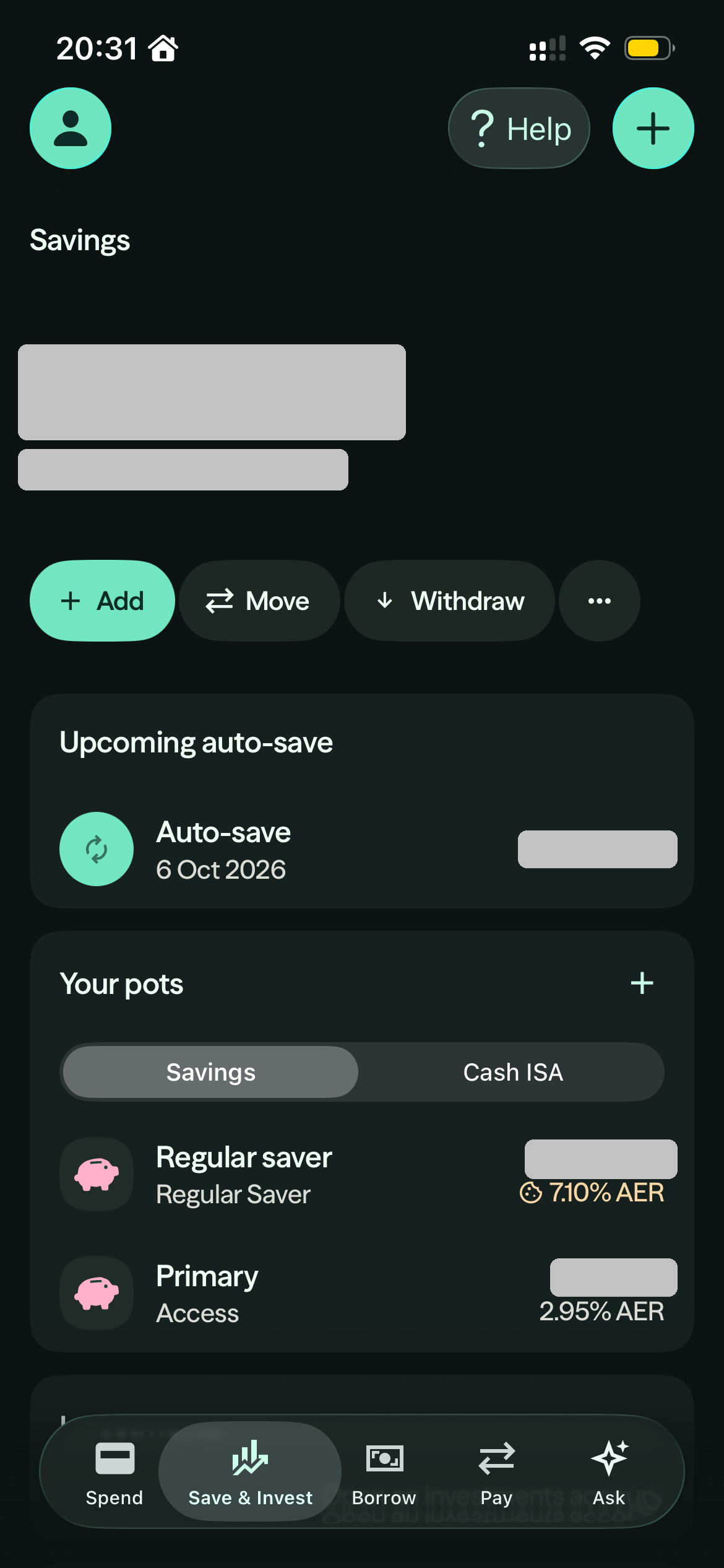 Zopa app Save and Invest screen showing a regular saver pot at 7.10% AER and an Access pot at 2.95% AER
