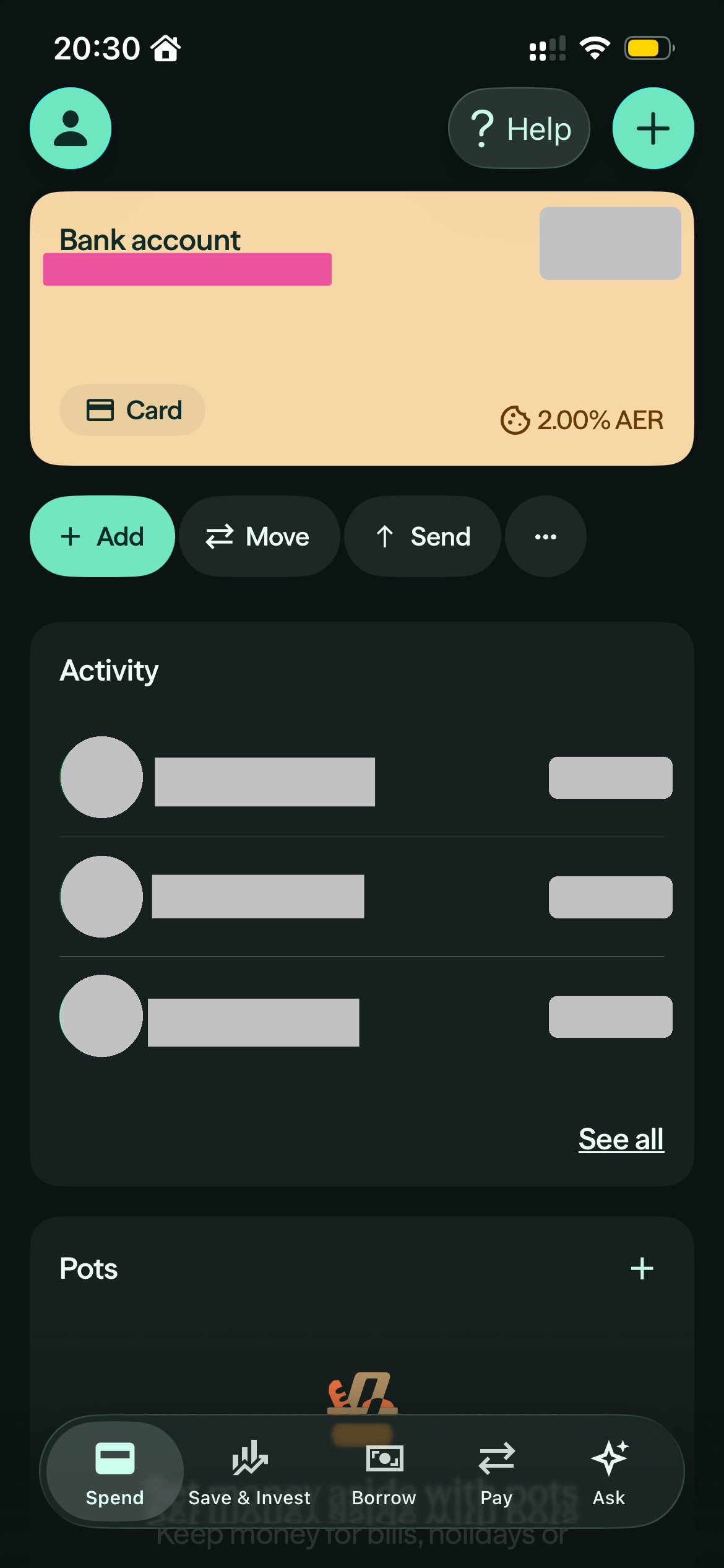 Zopa Biscuit app home screen showing the account card, the Add, Move and Send buttons and recent activity