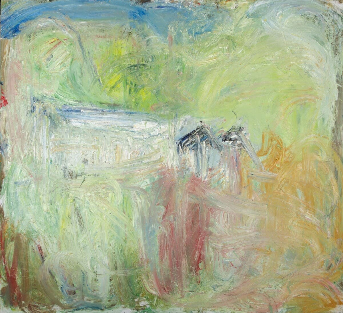 Richard Cook painting Godolphin, loose strokes of pale green, yellow and pink in a Cornish landscape