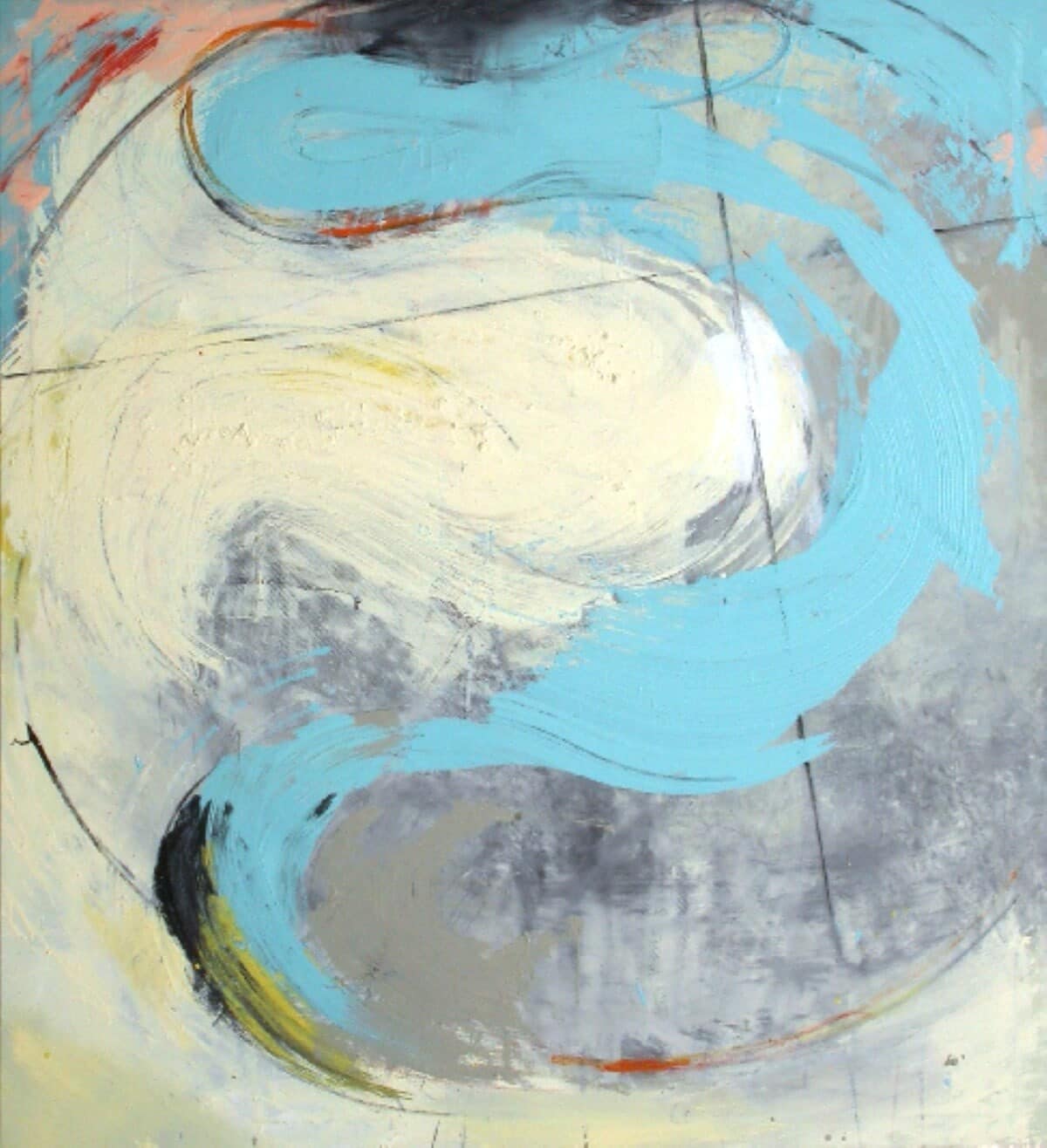 Day Bowman painting Polewatch III, a sweeping sky-blue curve over cream and grey with charcoal lines