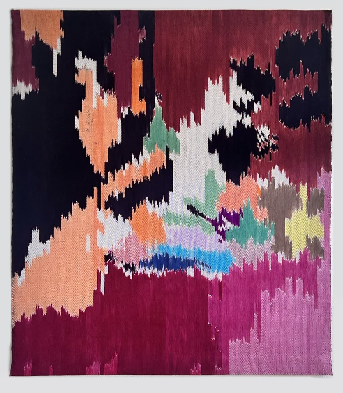 Katja Beckman Ojala tapestry Everything She Said Was a Revelation, stepped blocks of plum, black, peach and blue