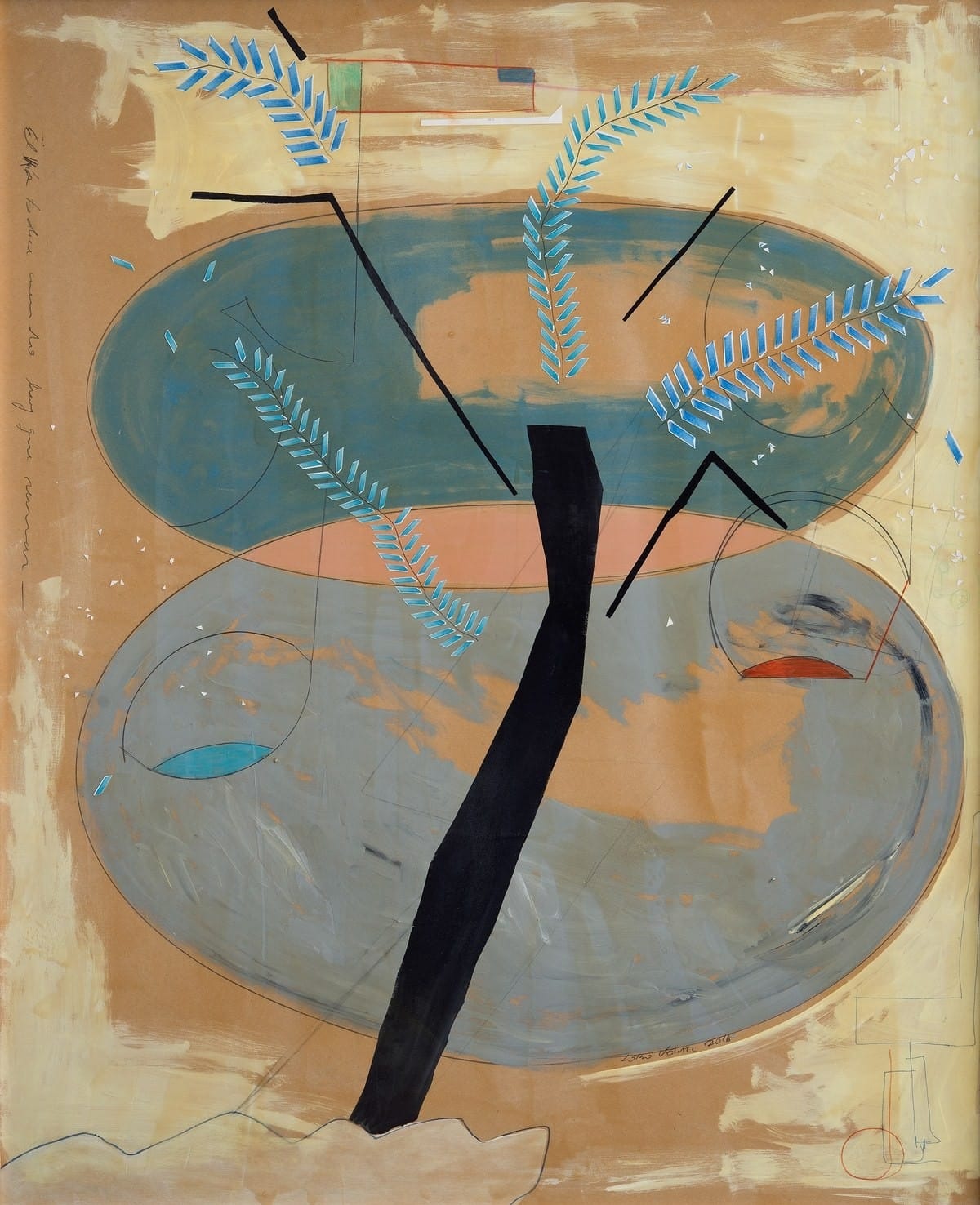 Lobo Velar de Irigoyen print El rio te dice cuando remar, a black tree trunk between two blue ovals with fern shapes