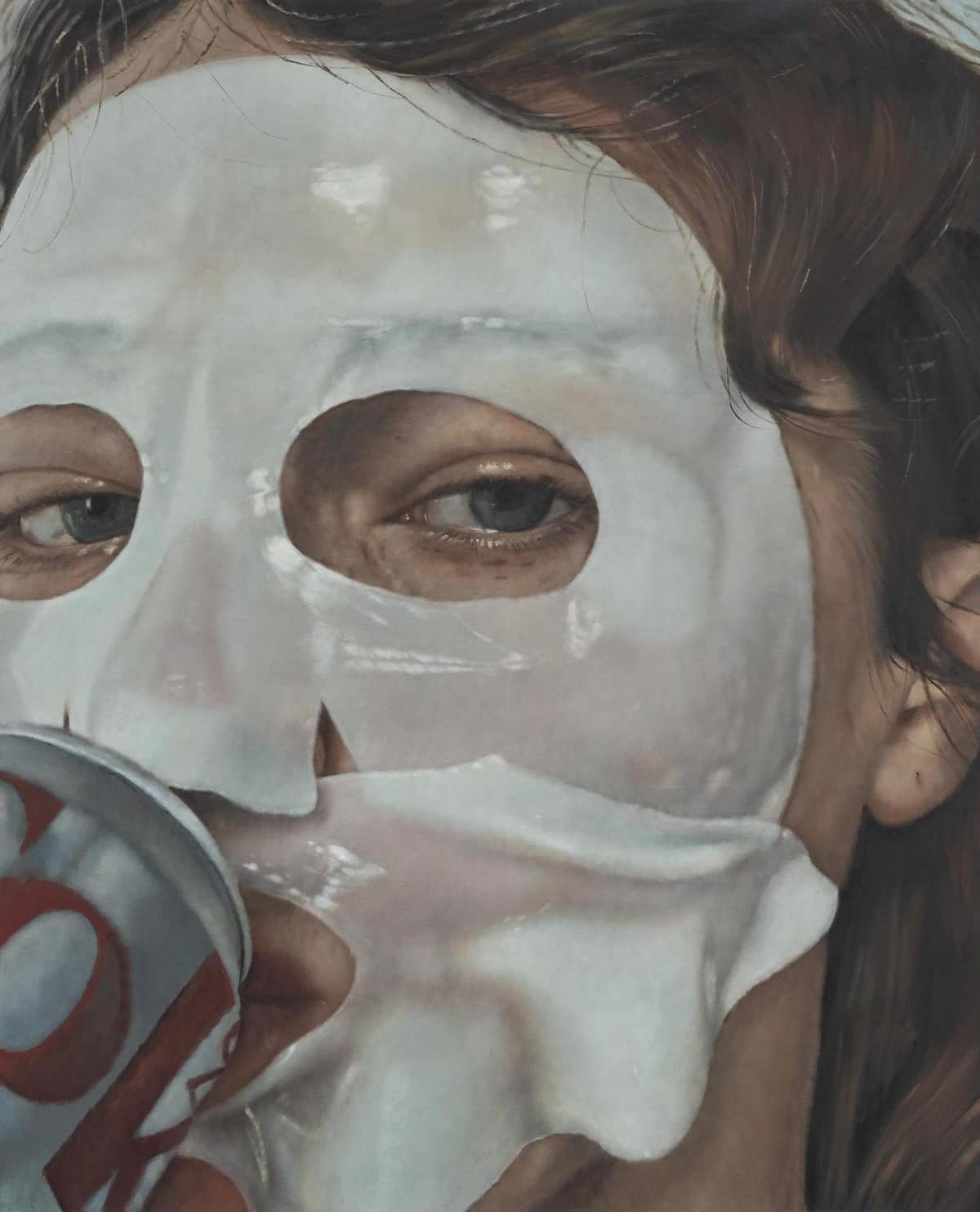 Issy Wood painting of a woman wearing a white peel-off face mask and drinking from a can