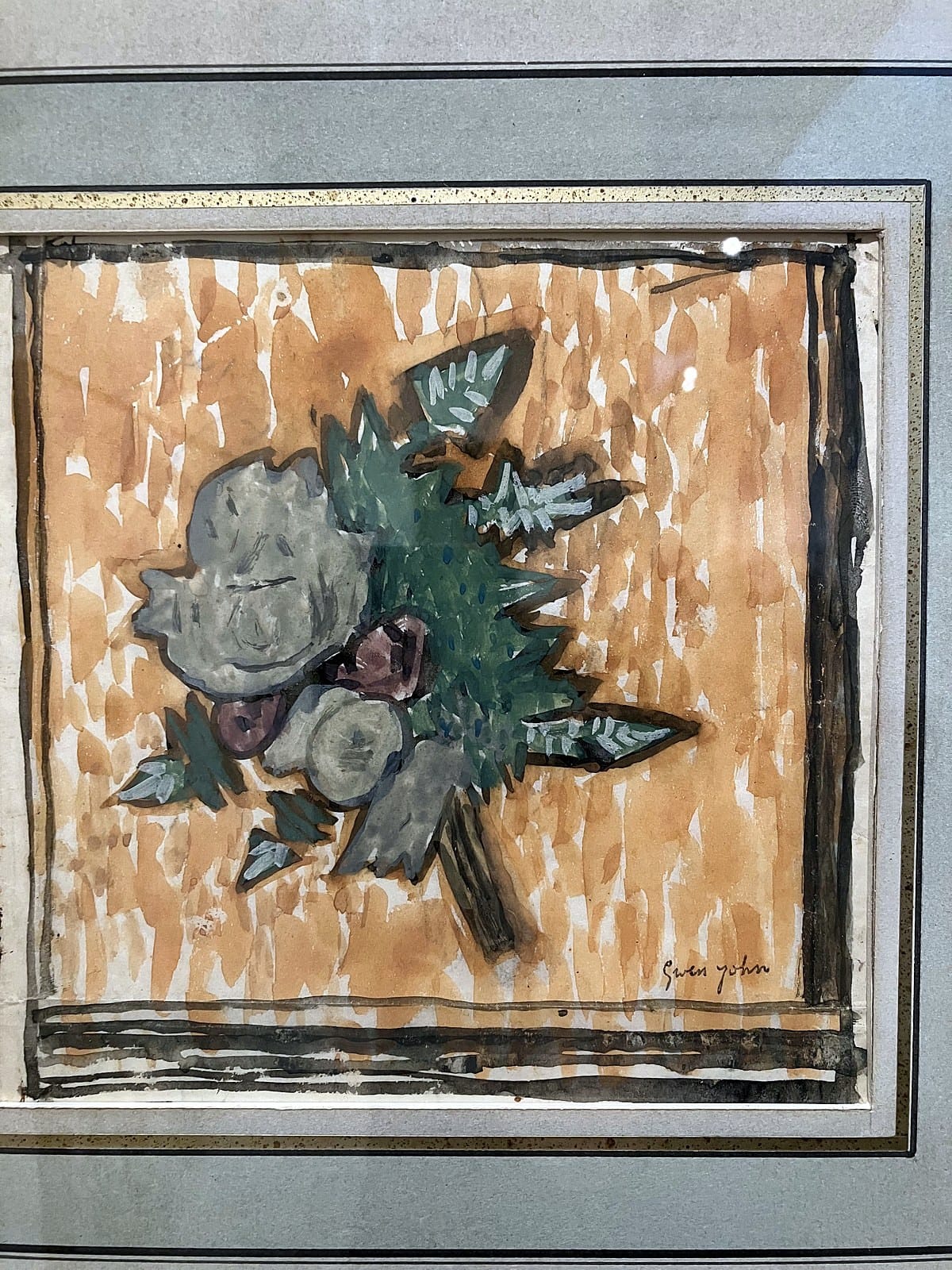 Gwen John gouache of a small posy of grey and purple flowers with green leaves on an ochre ground