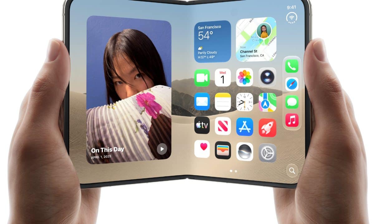 iPhone Duo held open in two hands, showing the 7.6-inch folding inner display