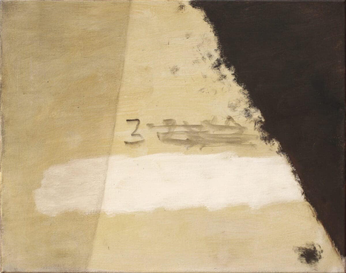 Andrew Crane painting Veil in the Soho Home art collection, a pale field cut by a black diagonal