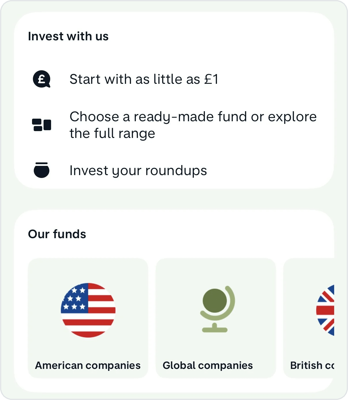 Monzo app Investments screen listing ready-made funds and individual investments