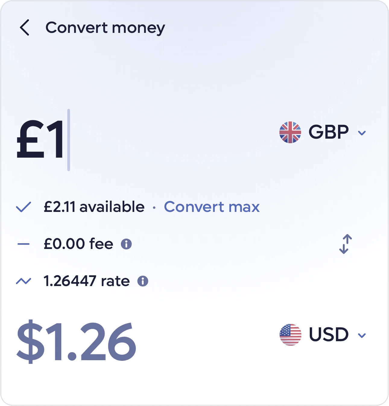 Lightyear app screen converting pounds to US dollars with the FX fee shown