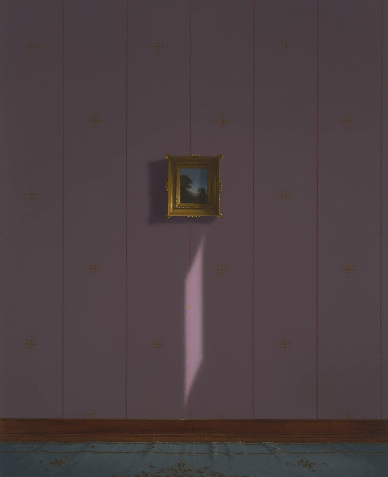 Small framed night landscape high on a plum striped wall, with a pink sunbeam falling below it. Painting by Quentin James McCaffrey.