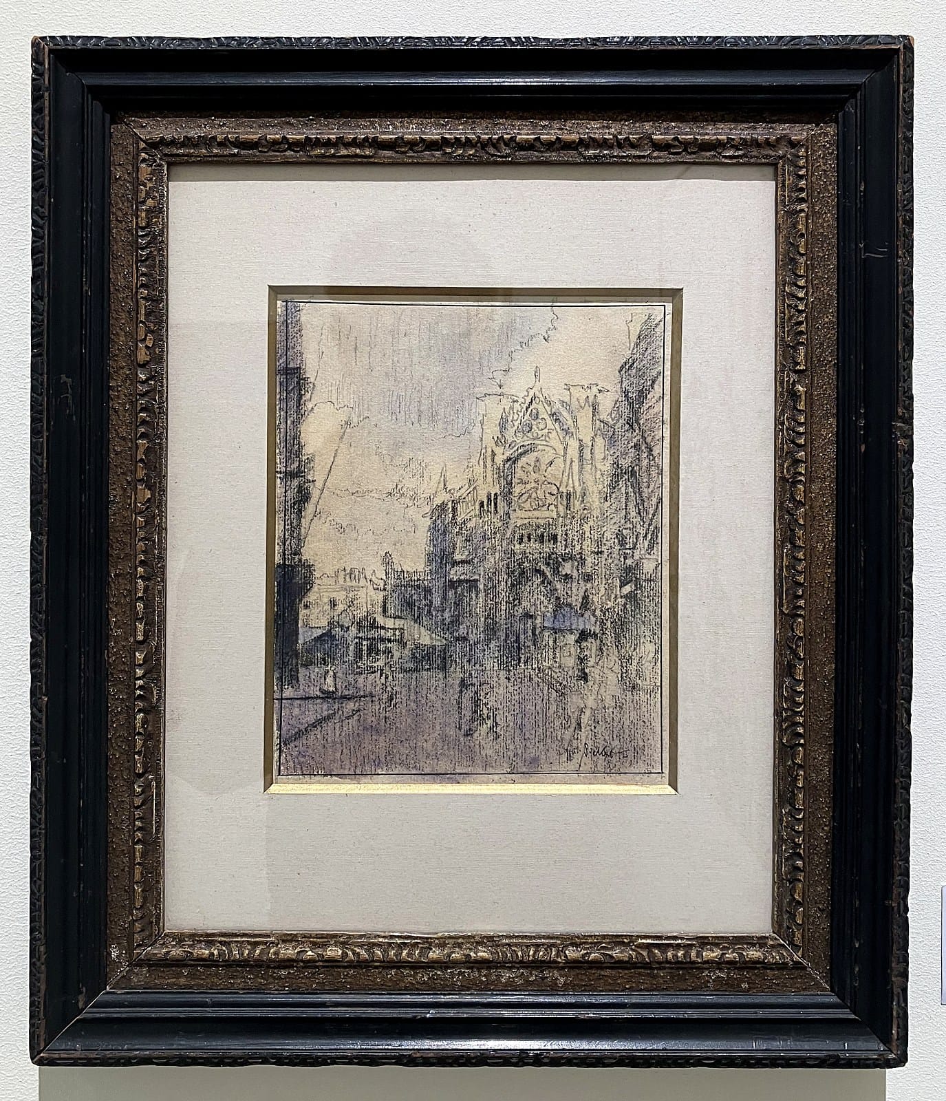 Small Walter Sickert drawing of the church of Saint-Jacques in Dieppe in a dark carved frame