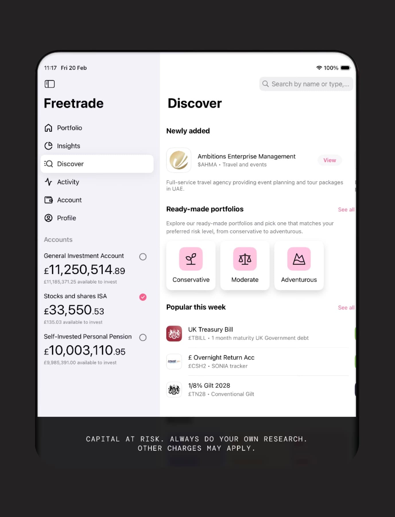 Freetrade app screenshot on a dark background, shown in our best investment ISA guide