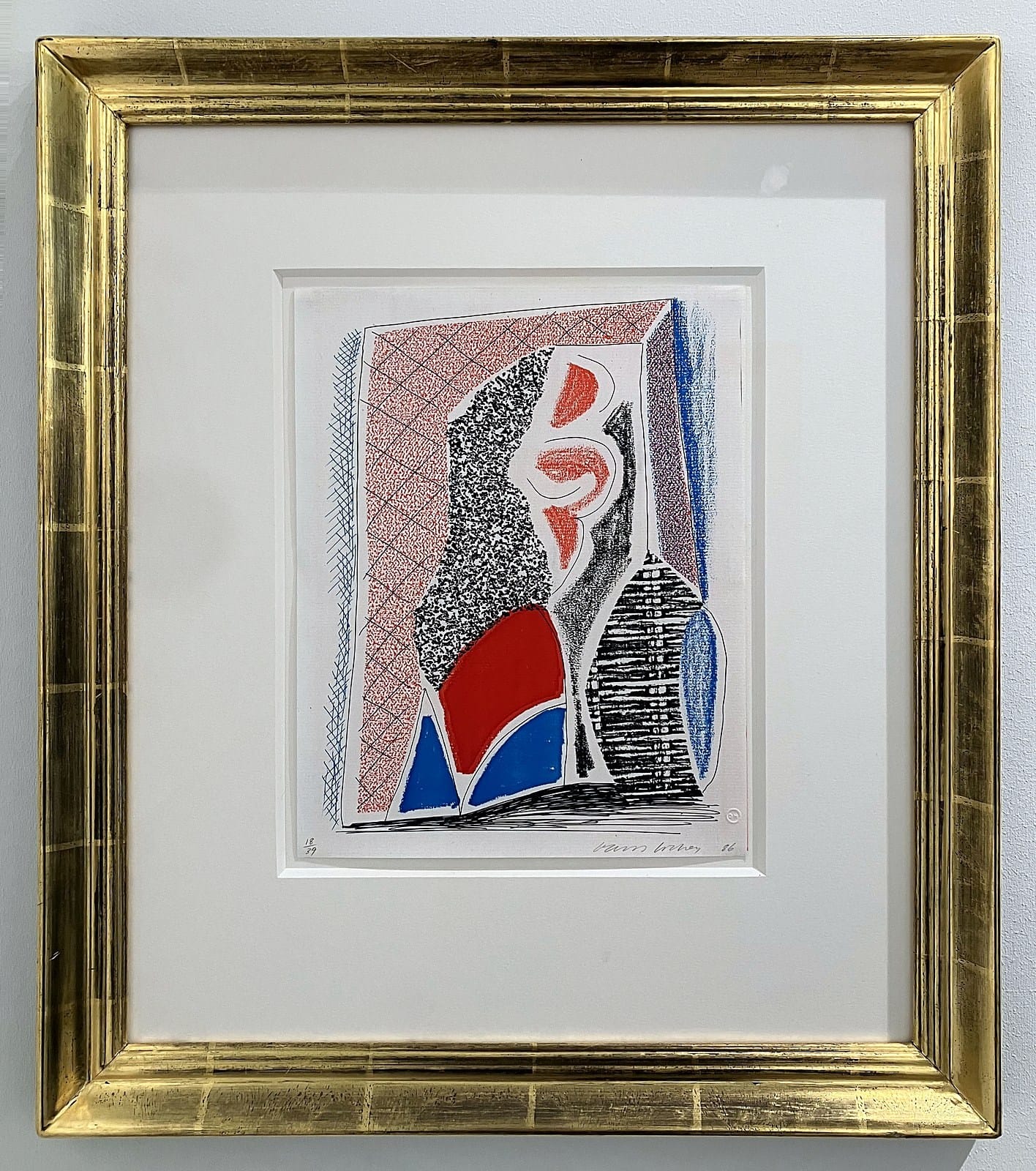 David Hockney home-made photocopier print in red, blue and pink in a gilt frame