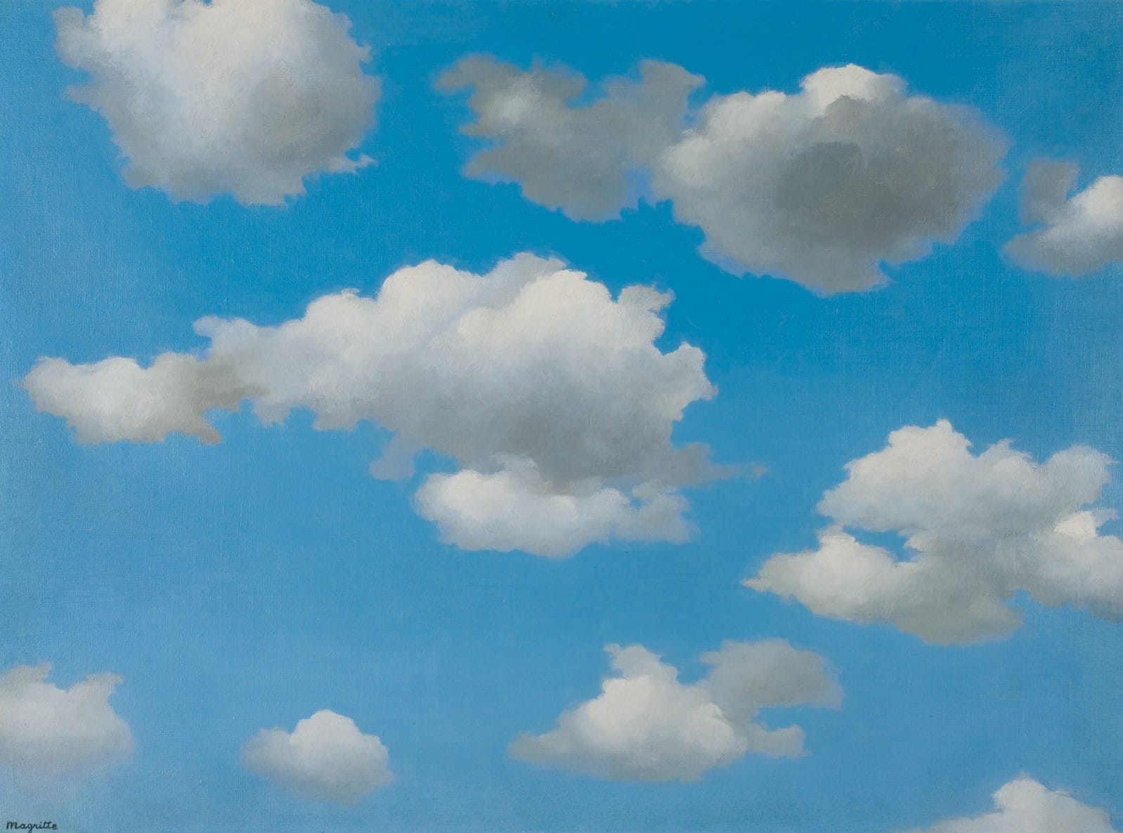 Magritte painting of white clouds drifting across a bright blue sky