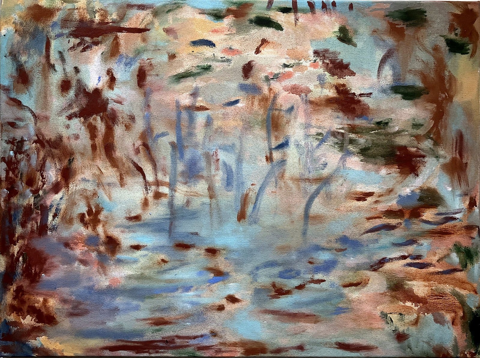 Abstract oil painting by Pippa El-Kadhi Brown in hazy rust, pink and pale blue marks
